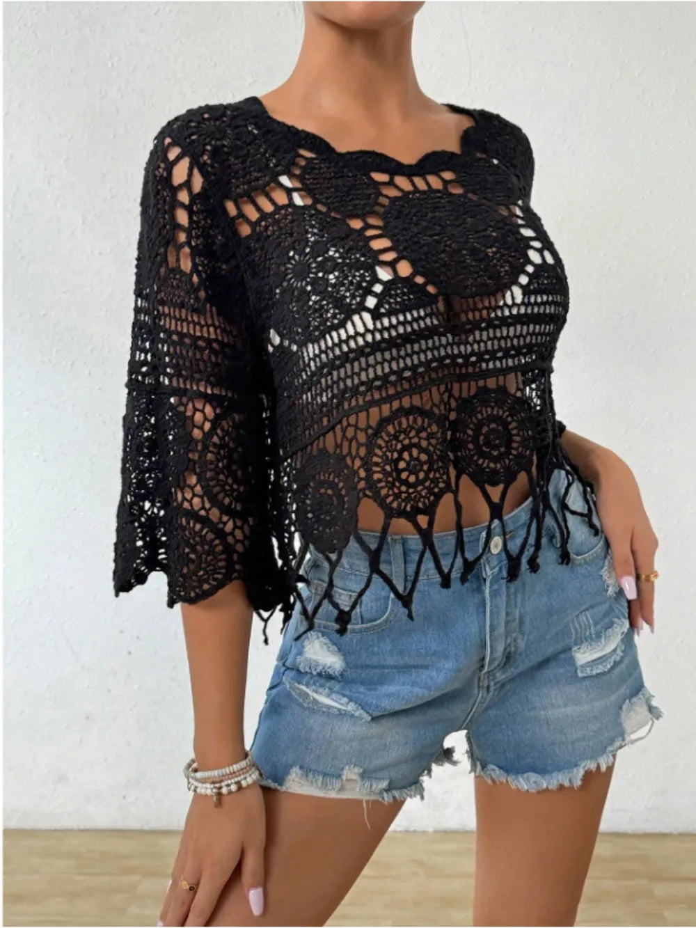 Openwork Round Neck Cover-Up - Velora