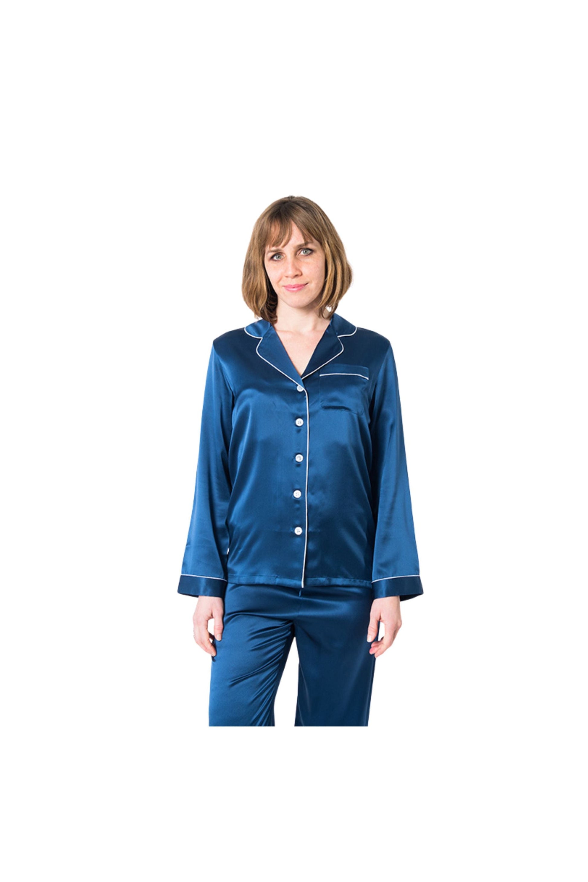 Women's Mulberry Silk Pajama Set Navy Blue Forsters Finery