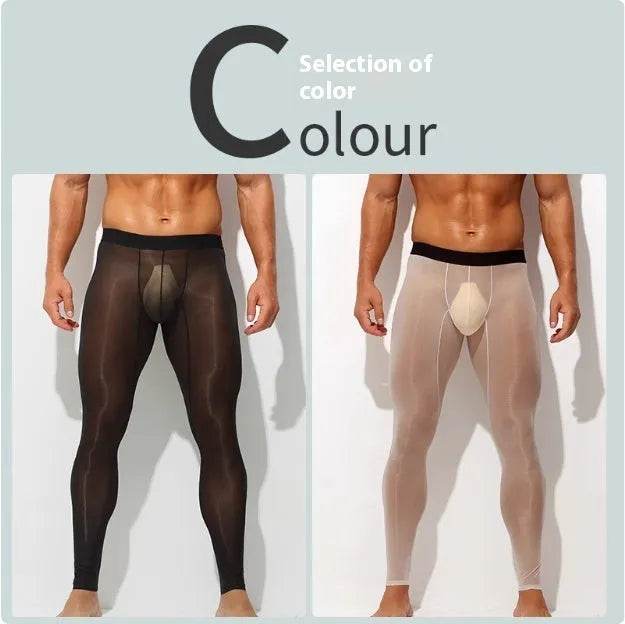 Men's Ultra thin Ice Silk Long John Skinny Flesh Nude Reflective Slim Leggings