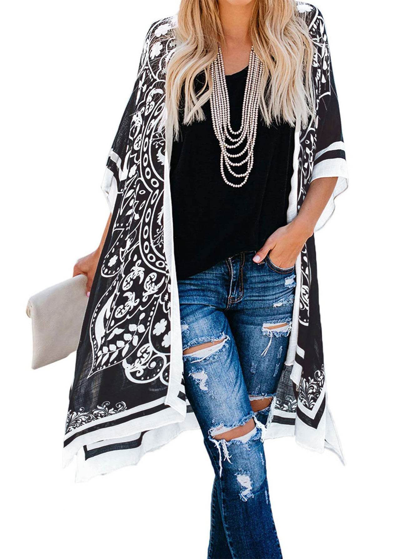 Spring Summer Printed Sun Protection Beach Kimono Cardigan Blouse top Women - Velora