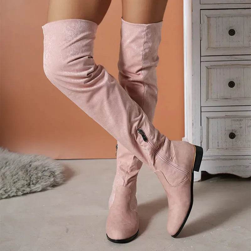 Fashion Over-the-knee Boots For Women Suede Stitching Low-heeled Long Boots With Side Zipper Design Party Shoes Winter - Velora