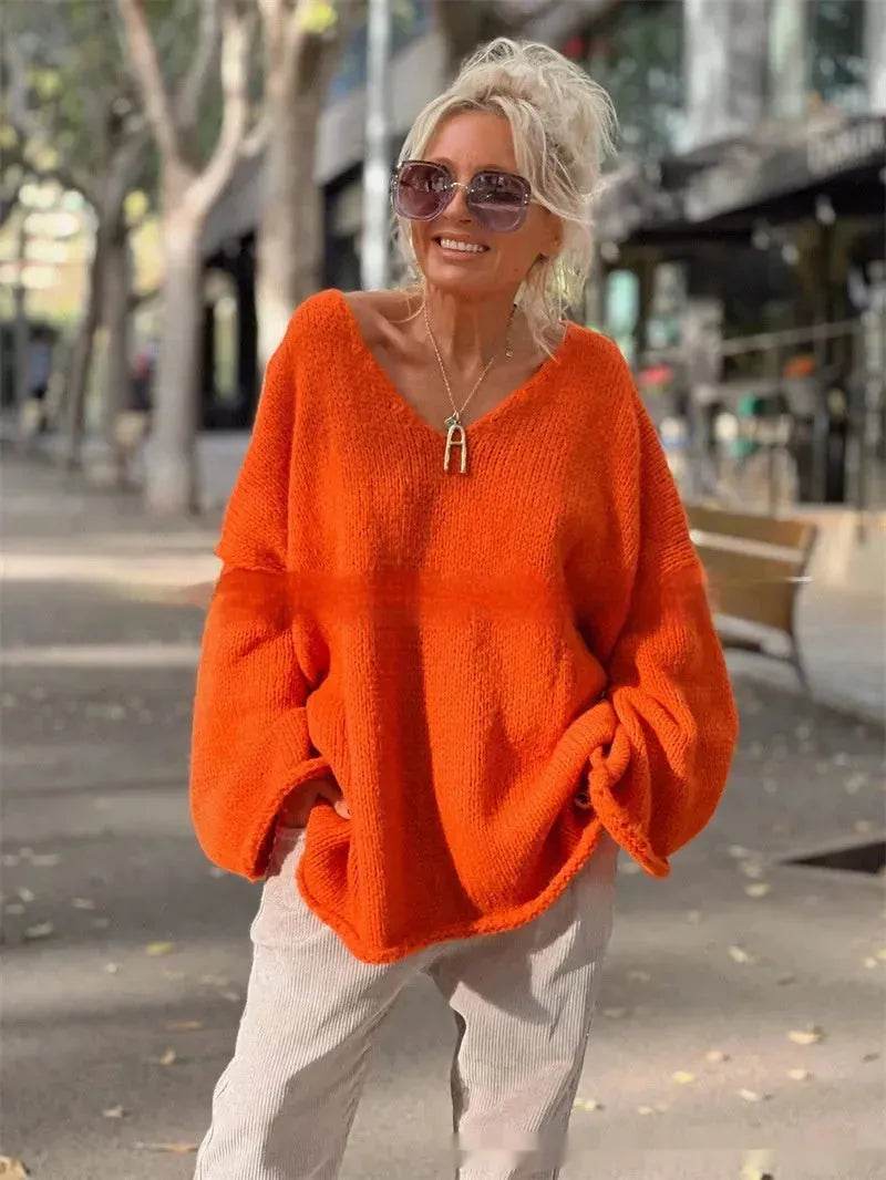 Women's Fashion V-neck Long-sleeve Knitwear 2-color Sweater dress - Velora