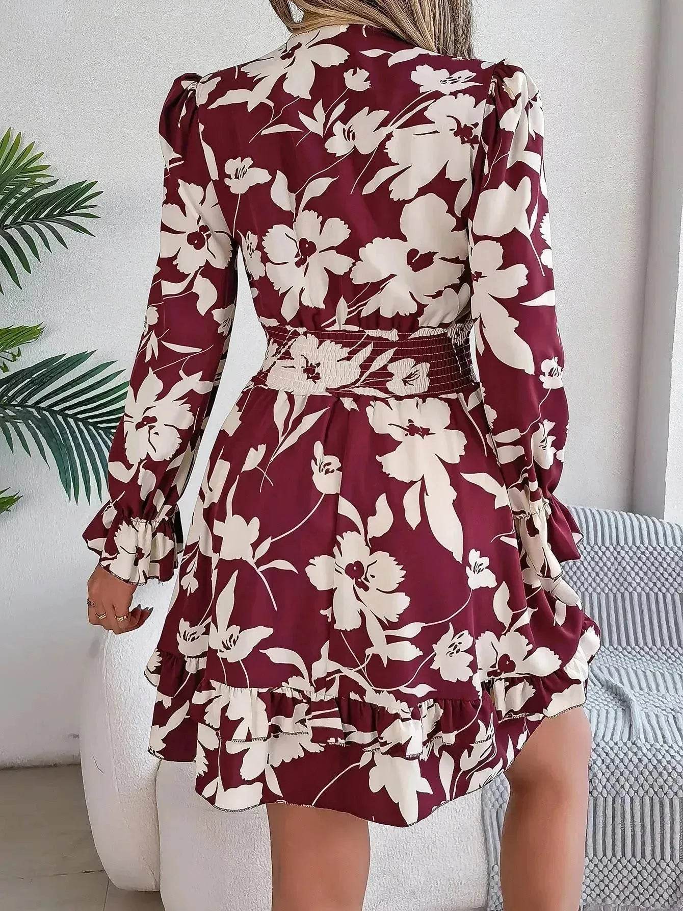 New Floral Printed V-Neck Long Sleeve Dress Fashion Ruffles Bowknot A-Line Short Mini Skater Dress Women's Clothing - Velora