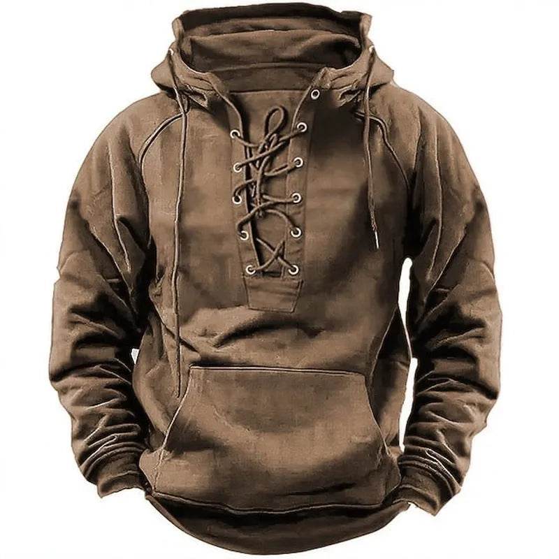 Men's Outdoor Retro Lace-up Hooded Long-sleeved T-shirt Casual Pullover top sweatshirt - Velora