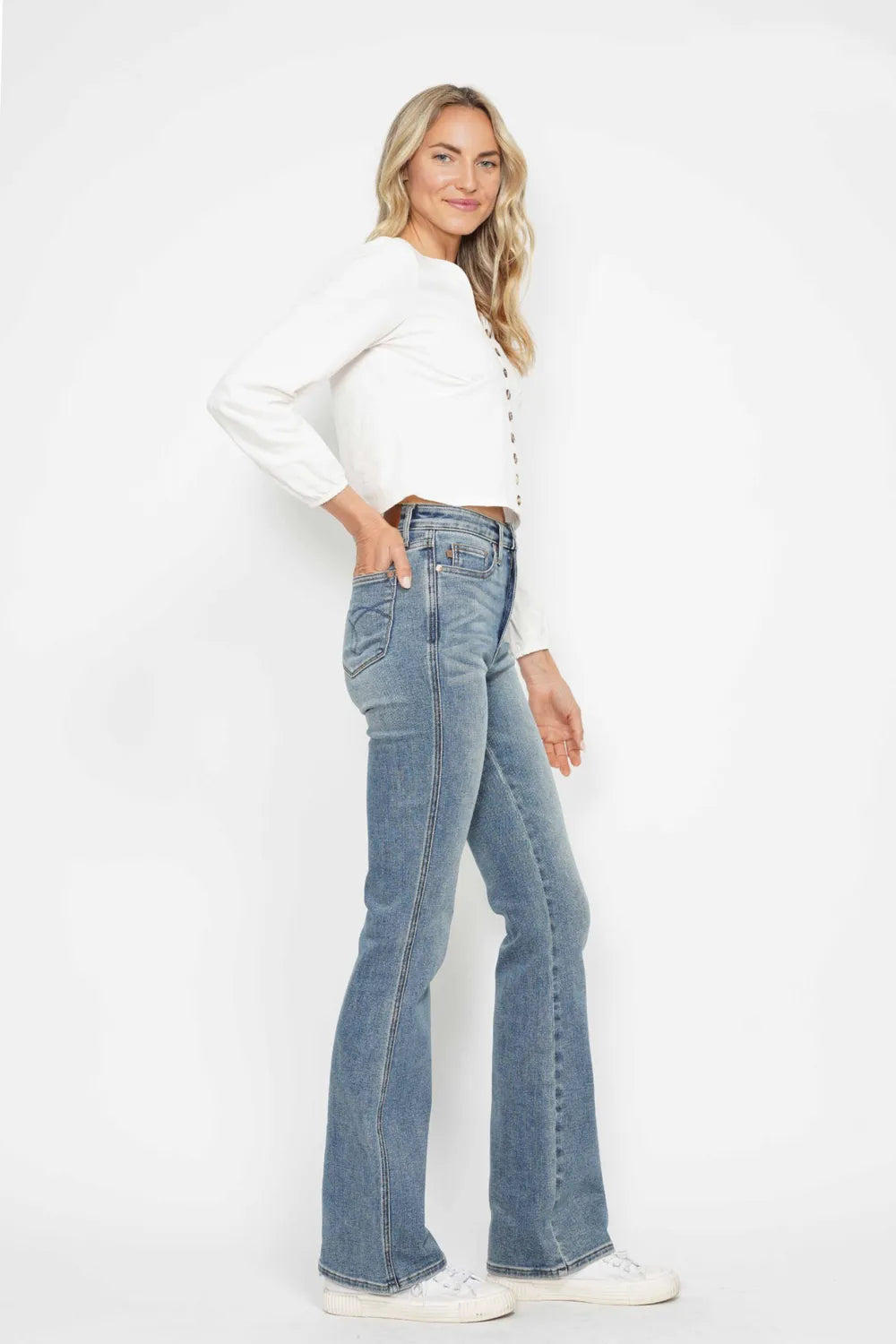 Judy Blue Full Size Tummy Control Back Embroidered Pocketed Bootcut Jeans Plus Size - Velora