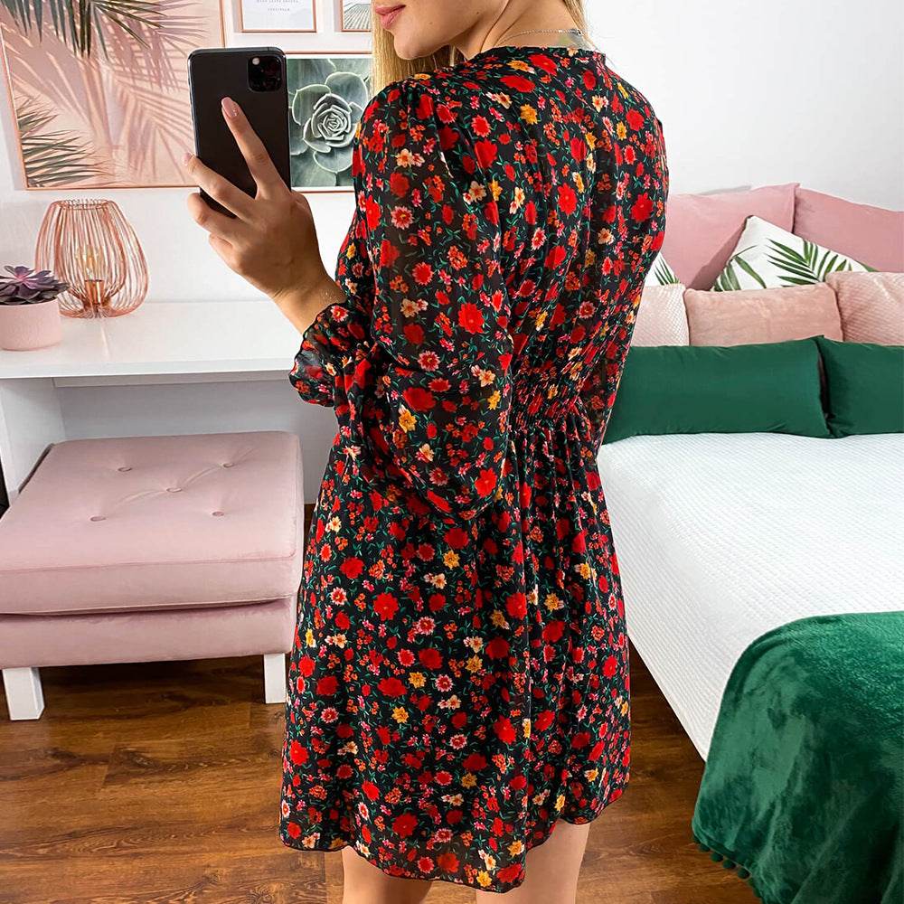 Spring Summer V-neck Long sleeve Floral Mini dress - Velora