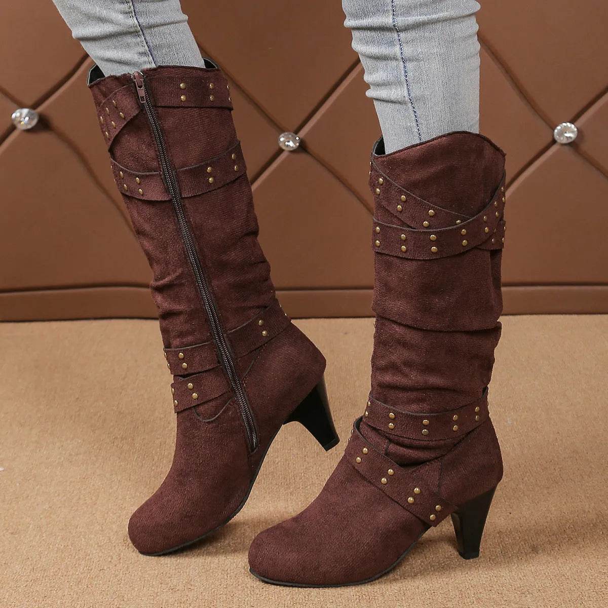 Fashion High Heel Boots With Cross-strap Rivet Design Retro V-cut Western Cowboy Boot Casual Zipper Shoes For Women - Velora