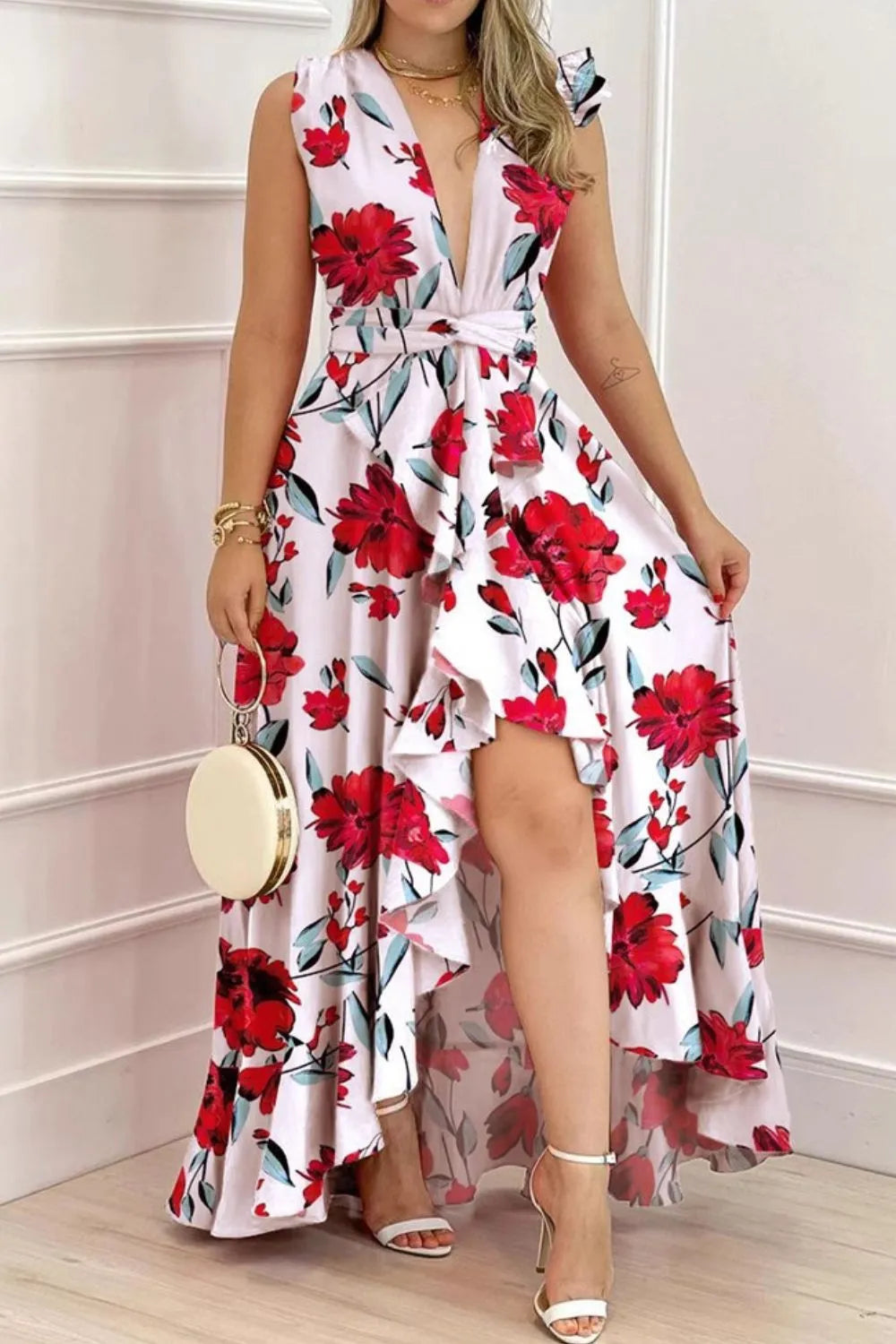 Ruffled Plunge Sleeveless Maxi Dress - Velora