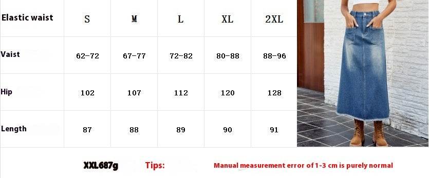 European And American Washed Frayed Hem Blue Denim Midi Skirt - Velora