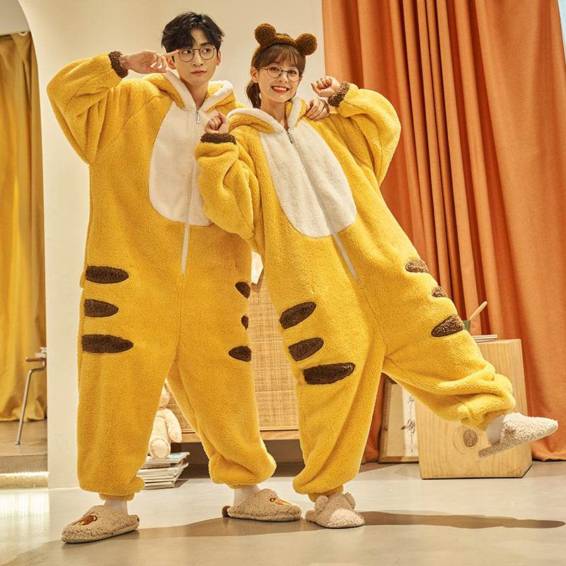 Cute Cartoon Jumpsuit Homewear Couple One-piece Nightgown Coral Fleece Winter Thickened Plush Pajamas For Women Home Clothes - Velora