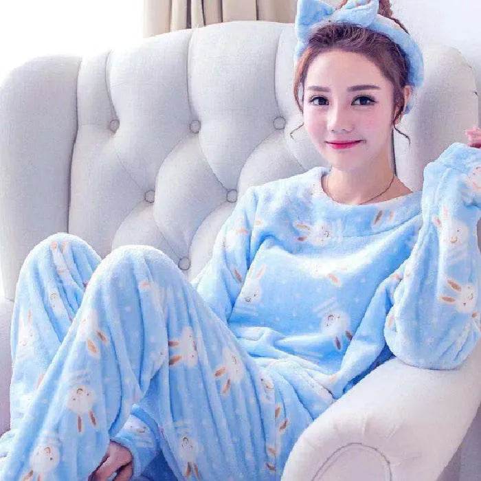 Women Coral Velvet Fleece Pajamas Fall Winter Loungewear Flannel Sleepwear - Velora
