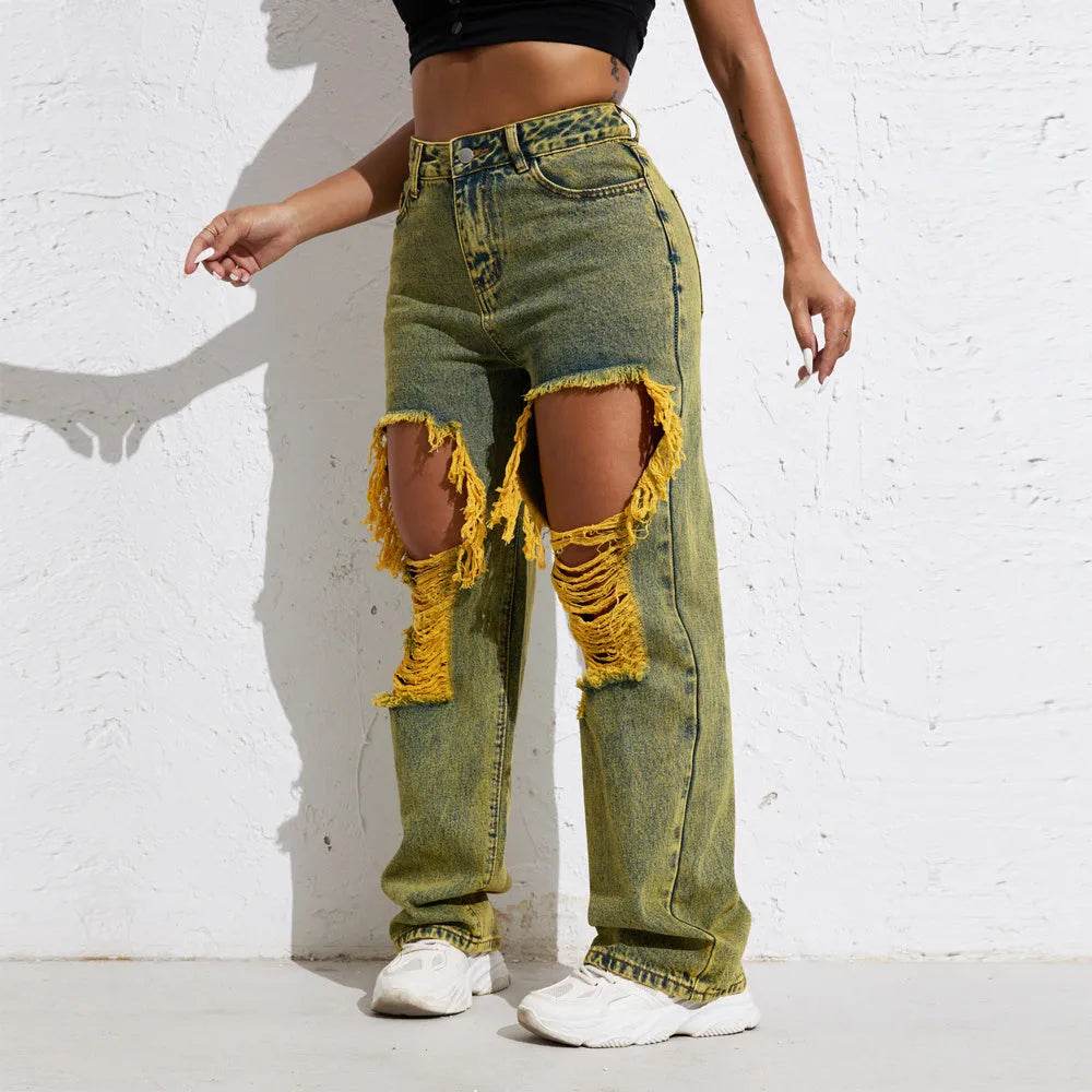 Shascullfites Melody Yellow Wash Streetwear Split Loose Straight Ripped Baggy Jeans Y2K Retro Women Denim Pants - Velora