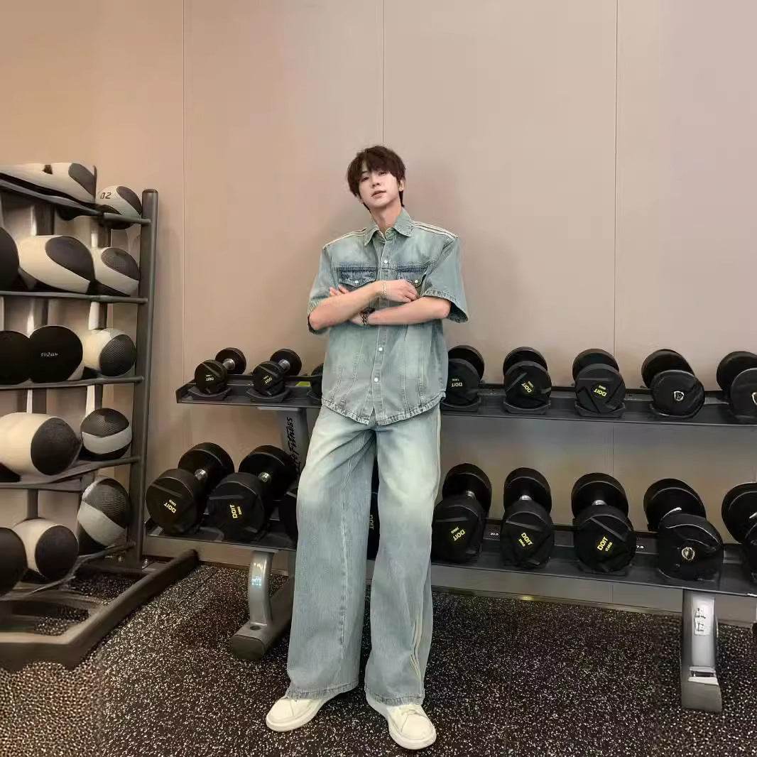 Retro Side Three Bar Stripes Short Sleeve Denim Shirt Outfit Men Jeans - Velora