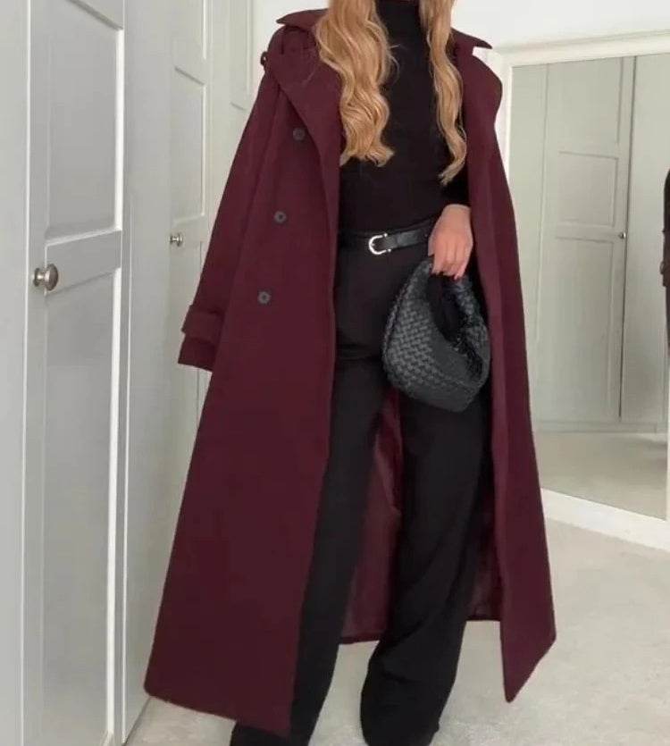 Fashion Lapel Woolen Coat With Belt Winter Double-breasted Trench Long Jacket For Women Clothing - Velora