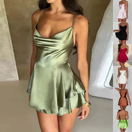 Elegant Chic Skirt Dress For Women Elegant Slim Strap Satin Backless Lace Up Ladies Party Mini Skater Dress - Velora