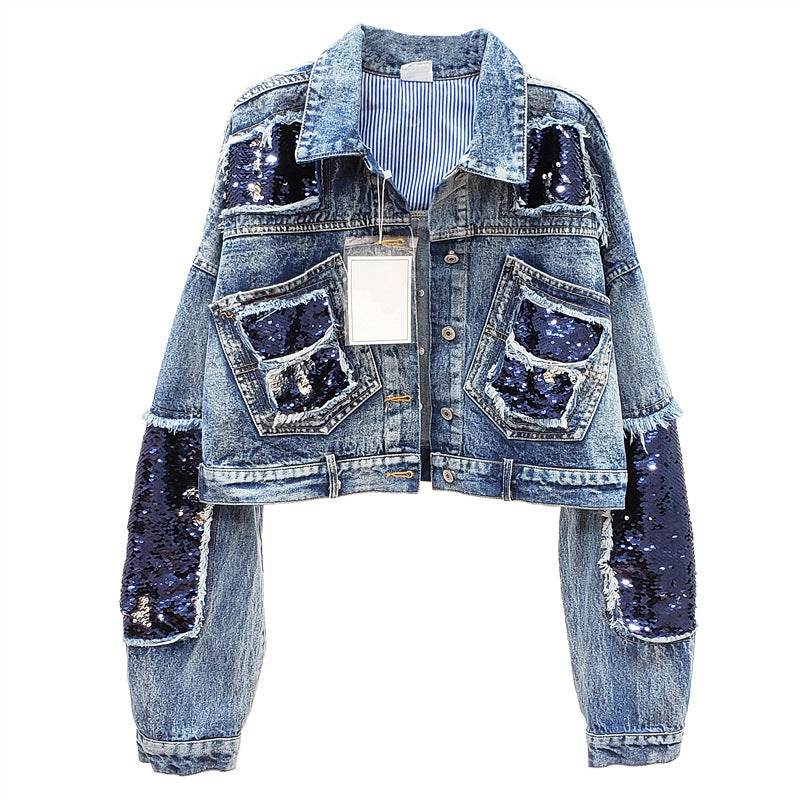 Heavy Industry Sequins Short Doll Sleeve Denim Jacket Women - Velora
