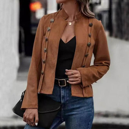 Solid Short Jacket Double Breasted Decorative Design Fashion Retro Suede Long Sleeve Outwear Tops Coat For Womens Clothing - Velora