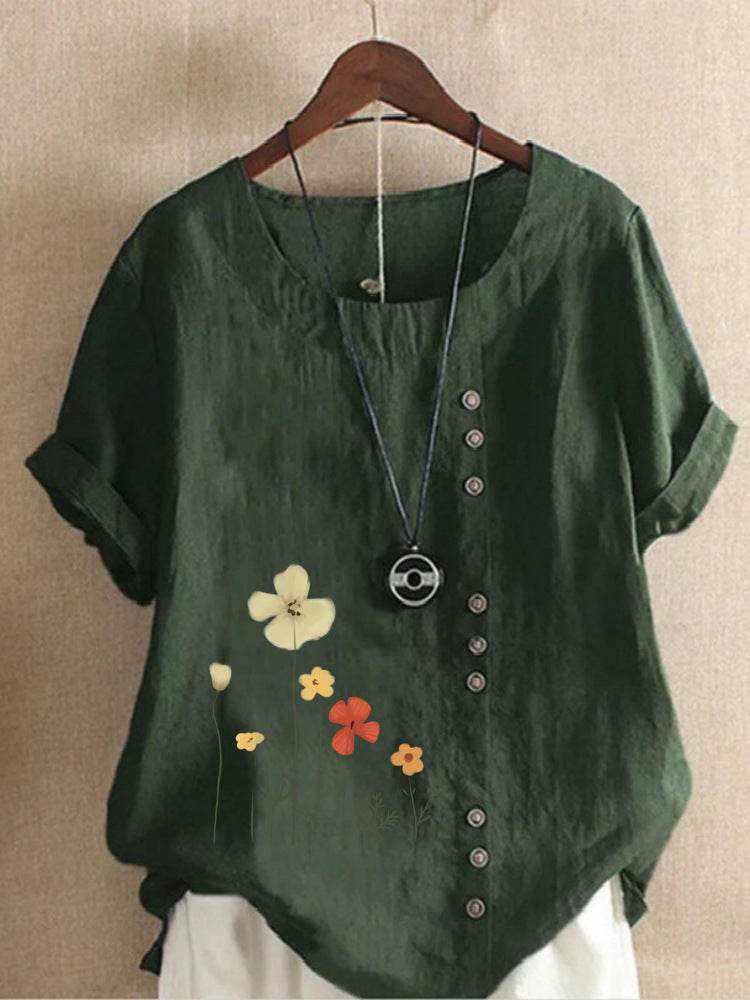 Casual Summer Beach Cotton And Linen Printed Elegant Short Sleeve blouse Top Women - Velora