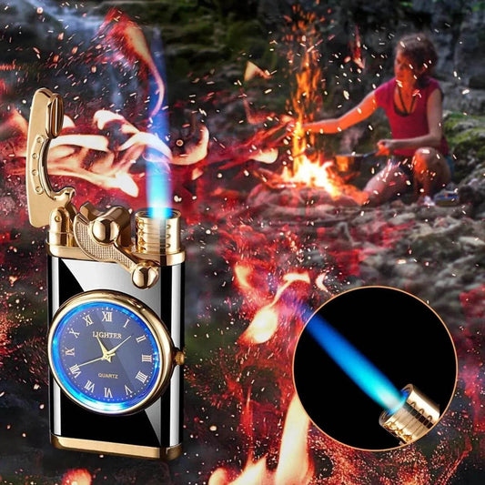 New Lighter With Electric Watch Rocker Arm Automatic Ignition Straight Blue Flame Lighter Creative Real Dial Inflatable Windproof Cigar Lighter Men's Watch Gift