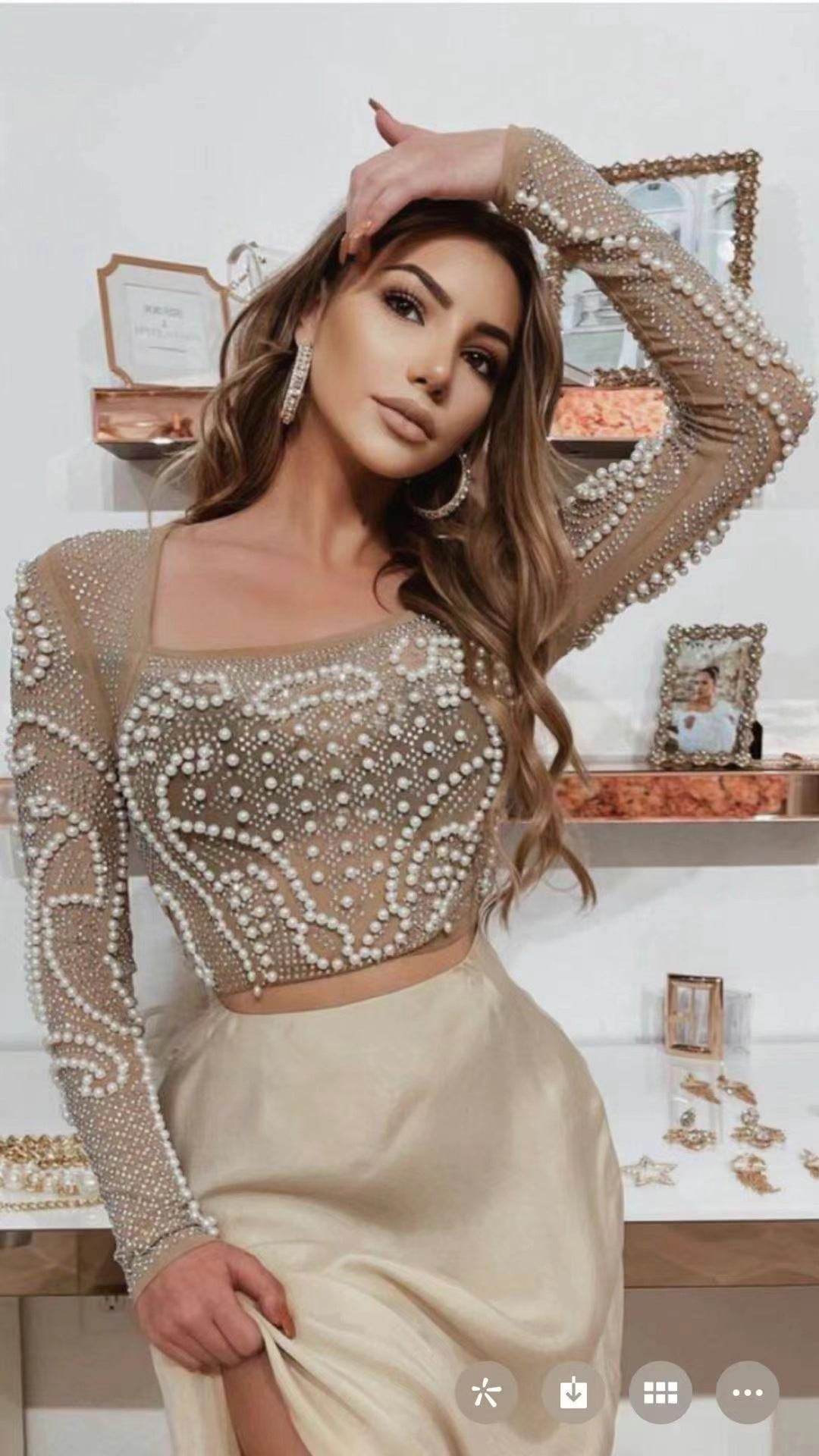2pcs Beaded Studded Long Sleeve Mesh top and Midi Pencil skirt for work - Velora