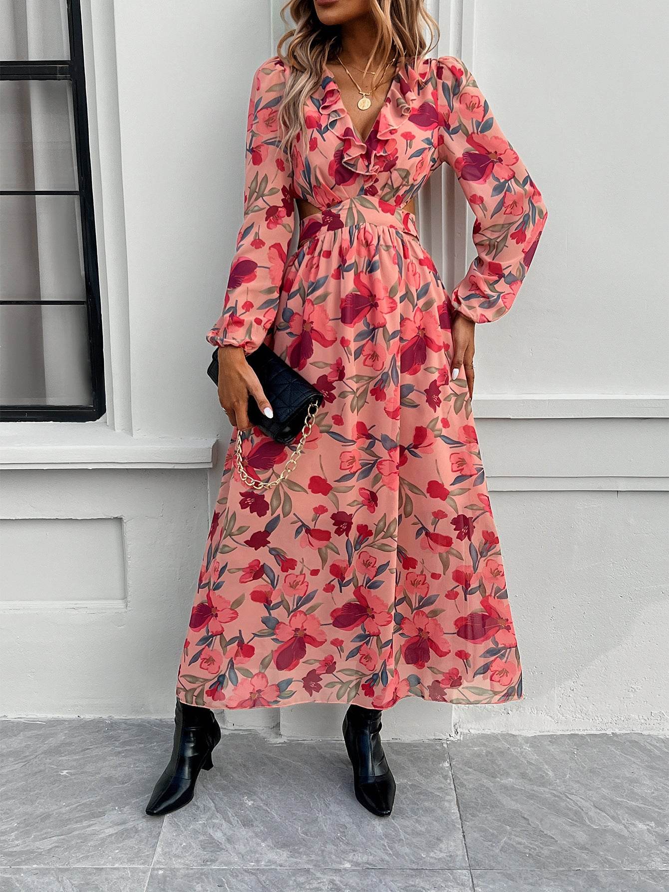 Fashion Florals Print Long Sleeve Dress Casual Holiday Tight-waisted V-neck Dresses Women Clothing - Velora