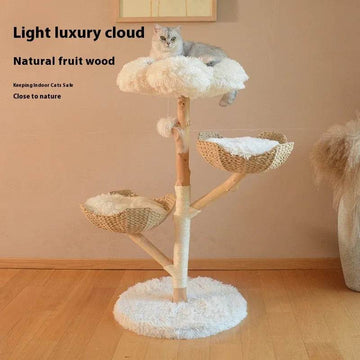 Solid Wood Cat Tree with Rattan Nest - Natural Fruit Wood Cat Climbing Frame