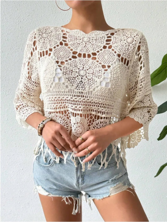 Openwork Round Neck Cover-Up - Velora