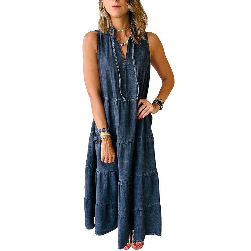 Women's Sleeveless Denim Fashion Retro High Waist Layered Dress - Velora