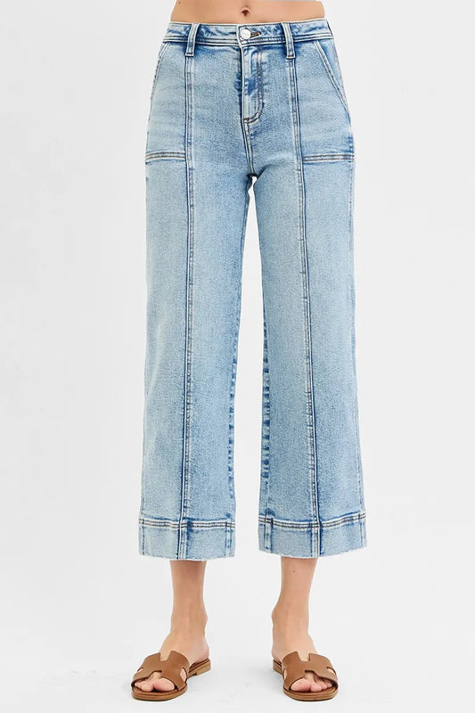 RISEN Full Size High Rise Crop Wide Front Seam Detailed Jeans Plus Size - Velora