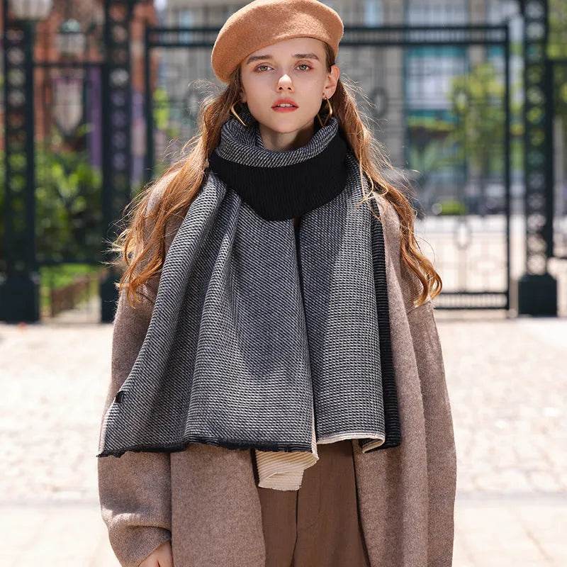 Gradient Mixed-color Scarf Winter Double-sided Wrinkled Imitation Cashmere Scarf Popular Versatile And Elegant Shawl For Women - Velora