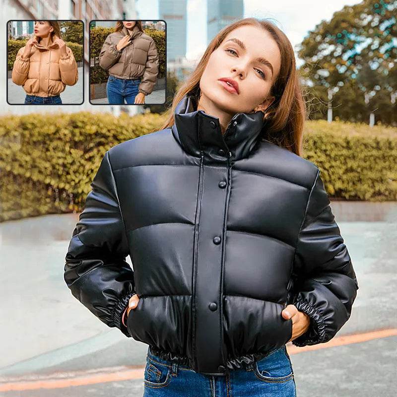 New Leather Puffer Cropped Jacket Warm Stand Collar Short Coat Y2K Cotton padded Jacket Women - Velora
