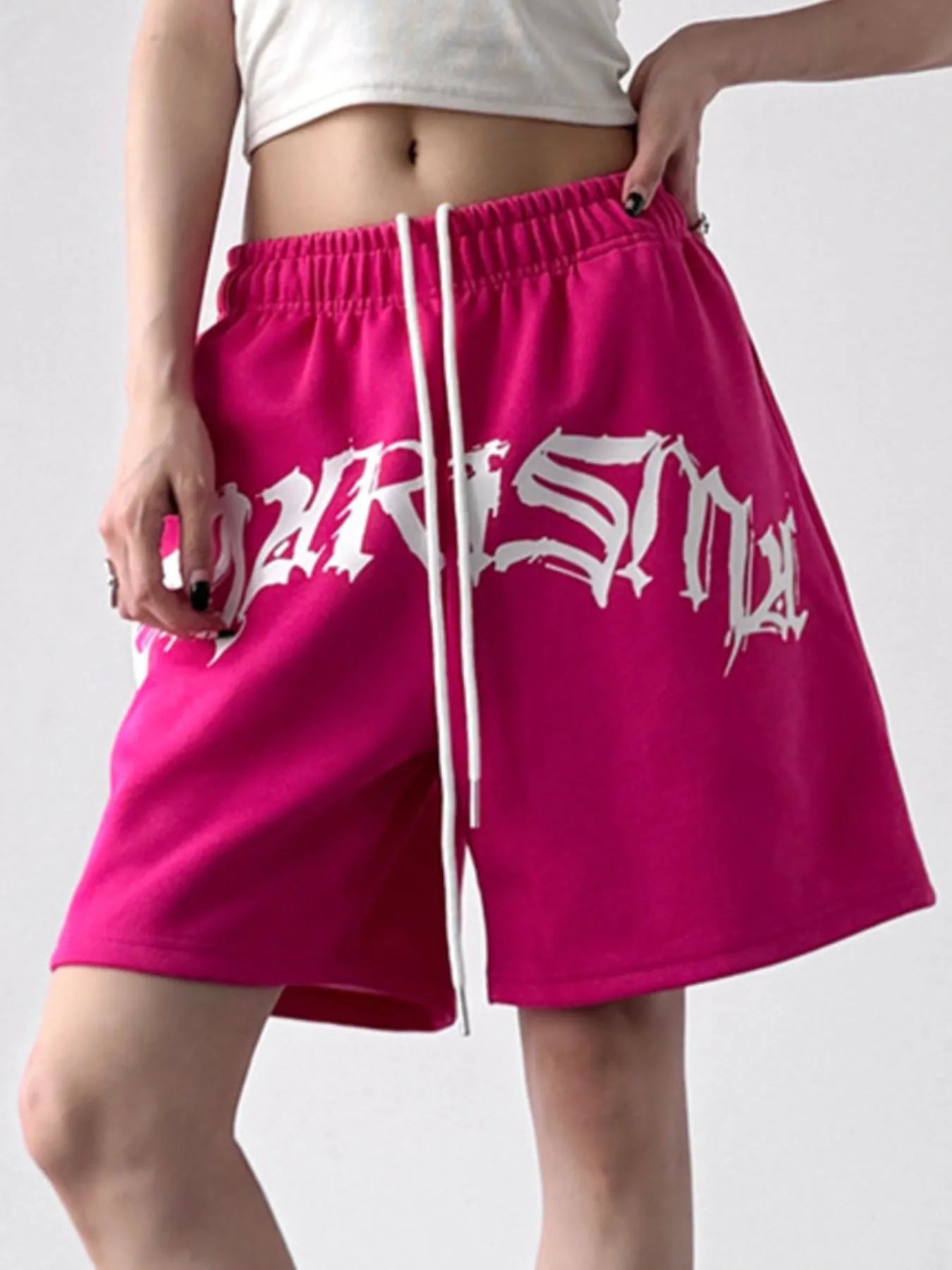 Oversized Drawstring Letter Shorts - Velora