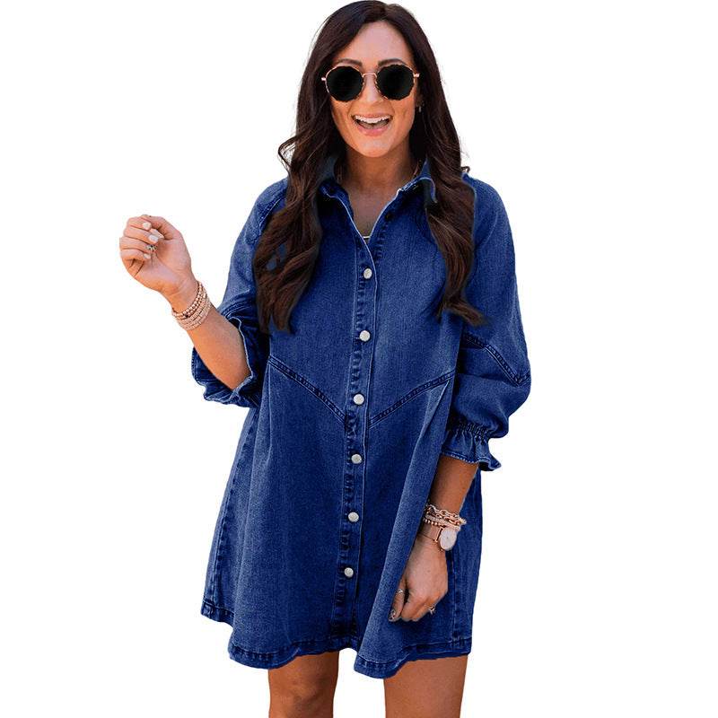 Three-quarter Sleeve Denim Dress Women's Casual Ruffles - Velora