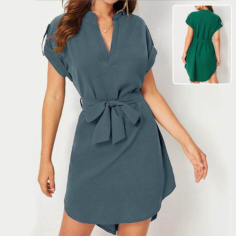 V-neck Short Sleeve Dress With Belt Summer Fashion Bowknot Dresses For Women Clothing - Velora