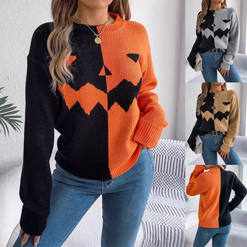 Halloween Contrast-color Pullover Sweater Fashion Long Sleeve Knitted Tops For Womens Clothing - Velora