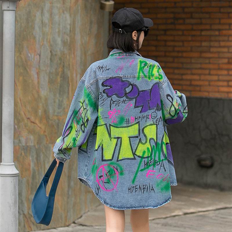Oversized Graffiti Print Denim Jacket Women Loose Fried Street fashion - Velora
