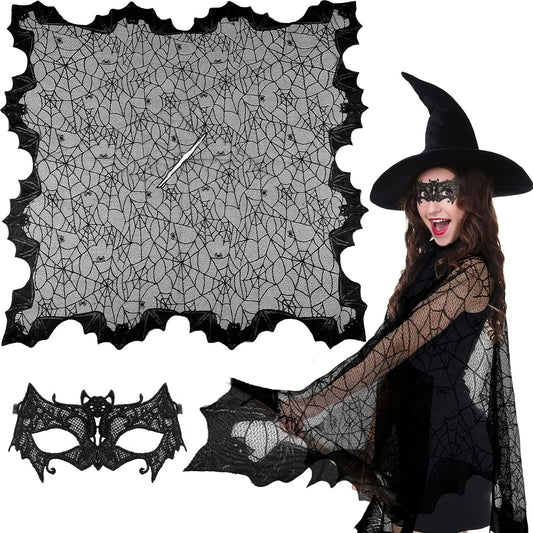 2 Pcs Halloween Poncho For Women Black Bat Spider Web Poncho And Lace Mask Masquerade Mask Halloween Party Cosplay Costume Accessory Day Of The Dead Costume,Cannot Be Listed On Amazon Platform - Velora