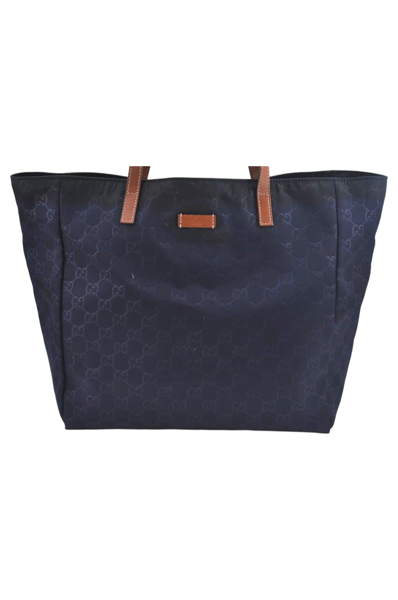 GUCCI Vintage Hand Tote Bag GG Nylon Leather Navy Blue L0937 - Velora