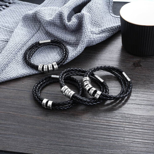 Personalized Mens Braided Genuine Leather Bracelet Stainless Steel Custom Beads Name Charm Bracelet For Men With Family Names - Velora