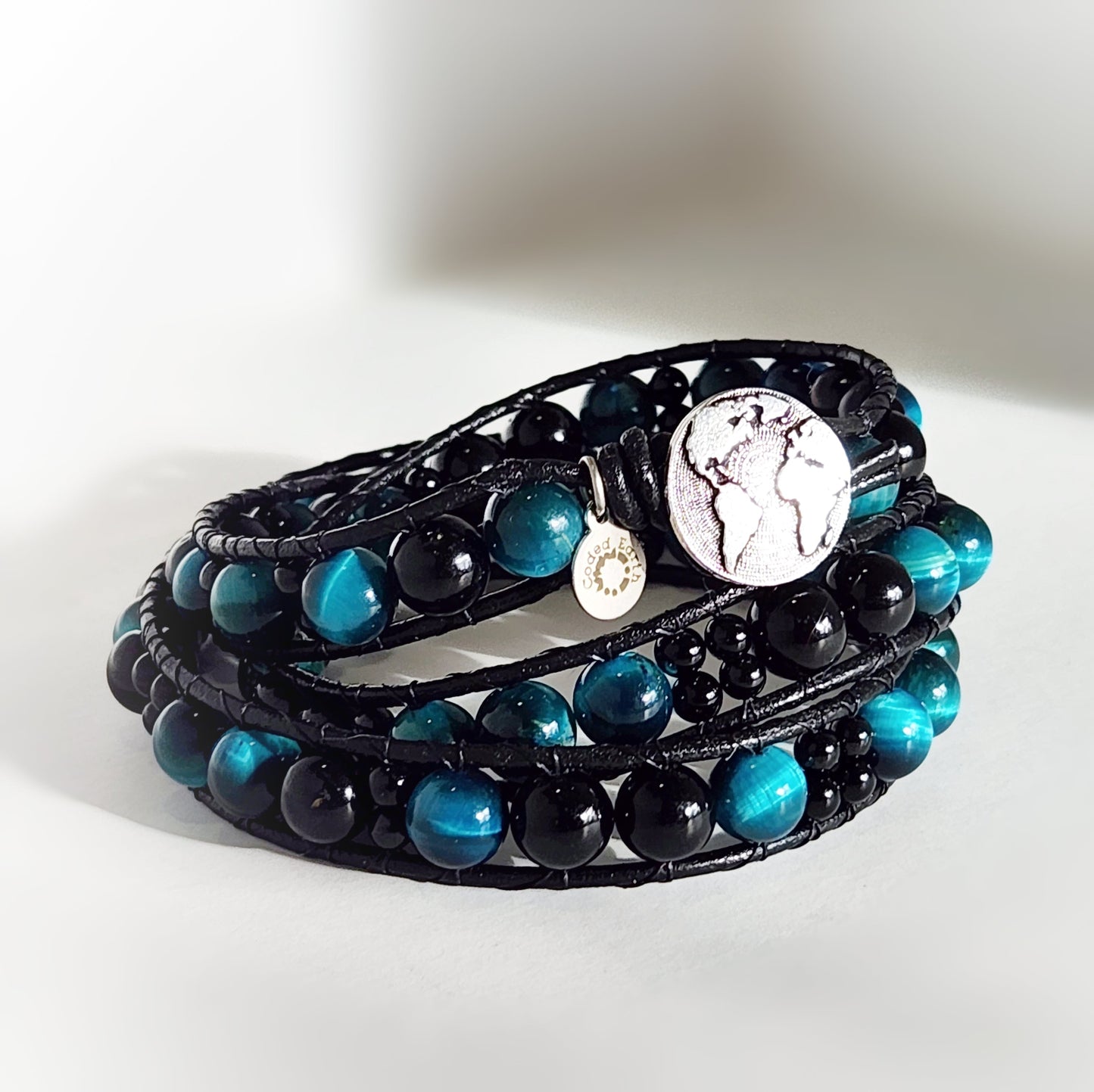 Azure Tiger's Eye & Tourmaline Leather Wrap Bracelet - Velora