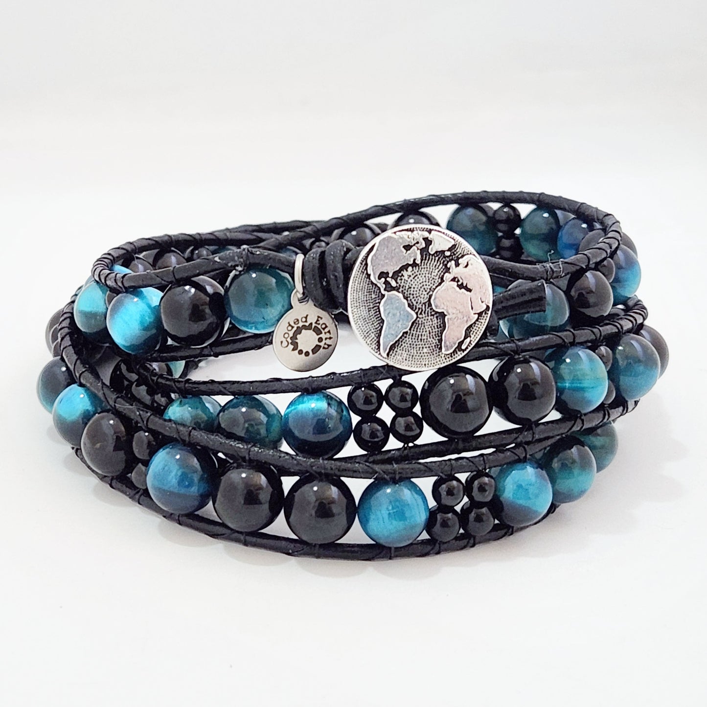 Azure Tiger's Eye & Tourmaline Leather Wrap Bracelet - Velora