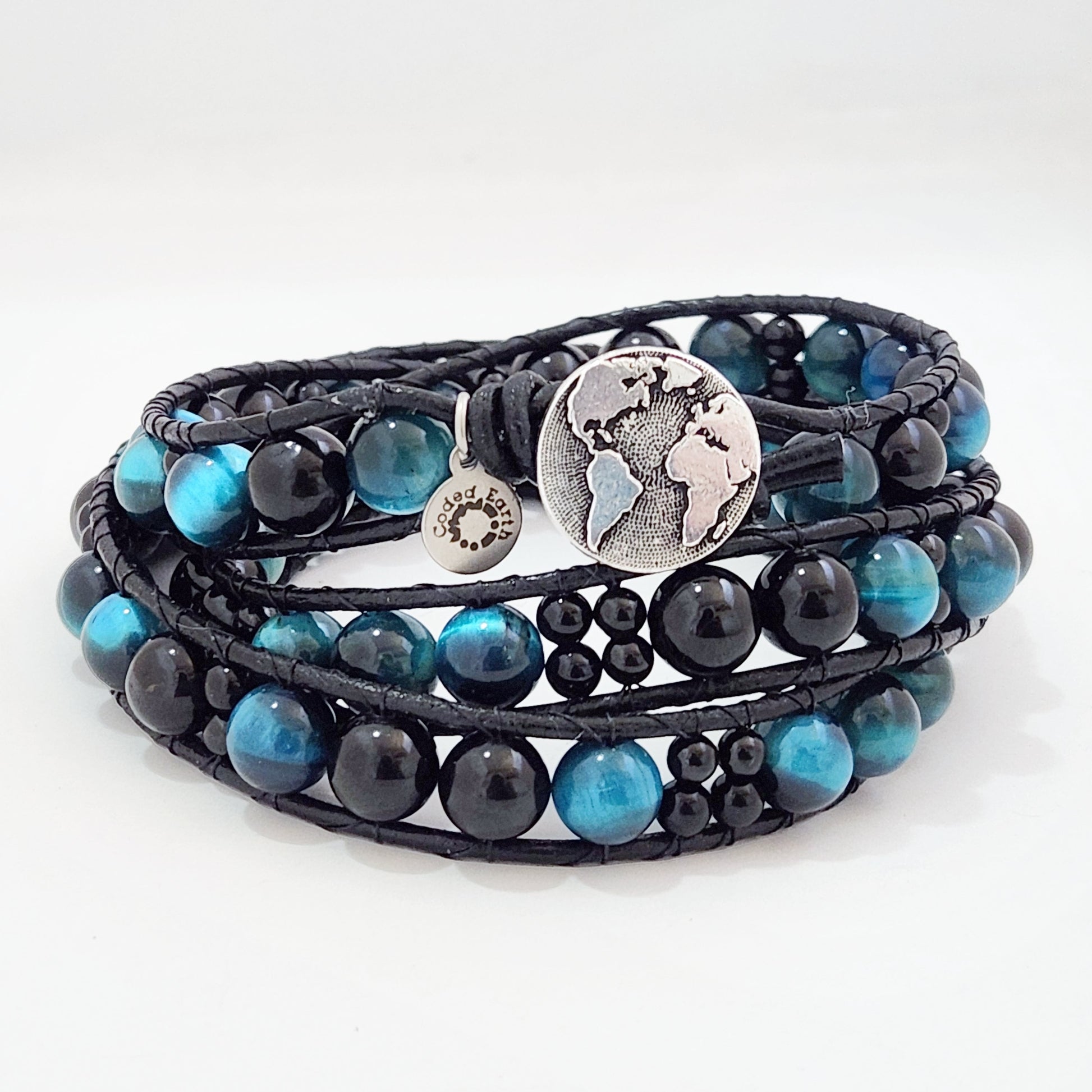 Azure Tiger's Eye & Tourmaline Leather Wrap Bracelet - Velora