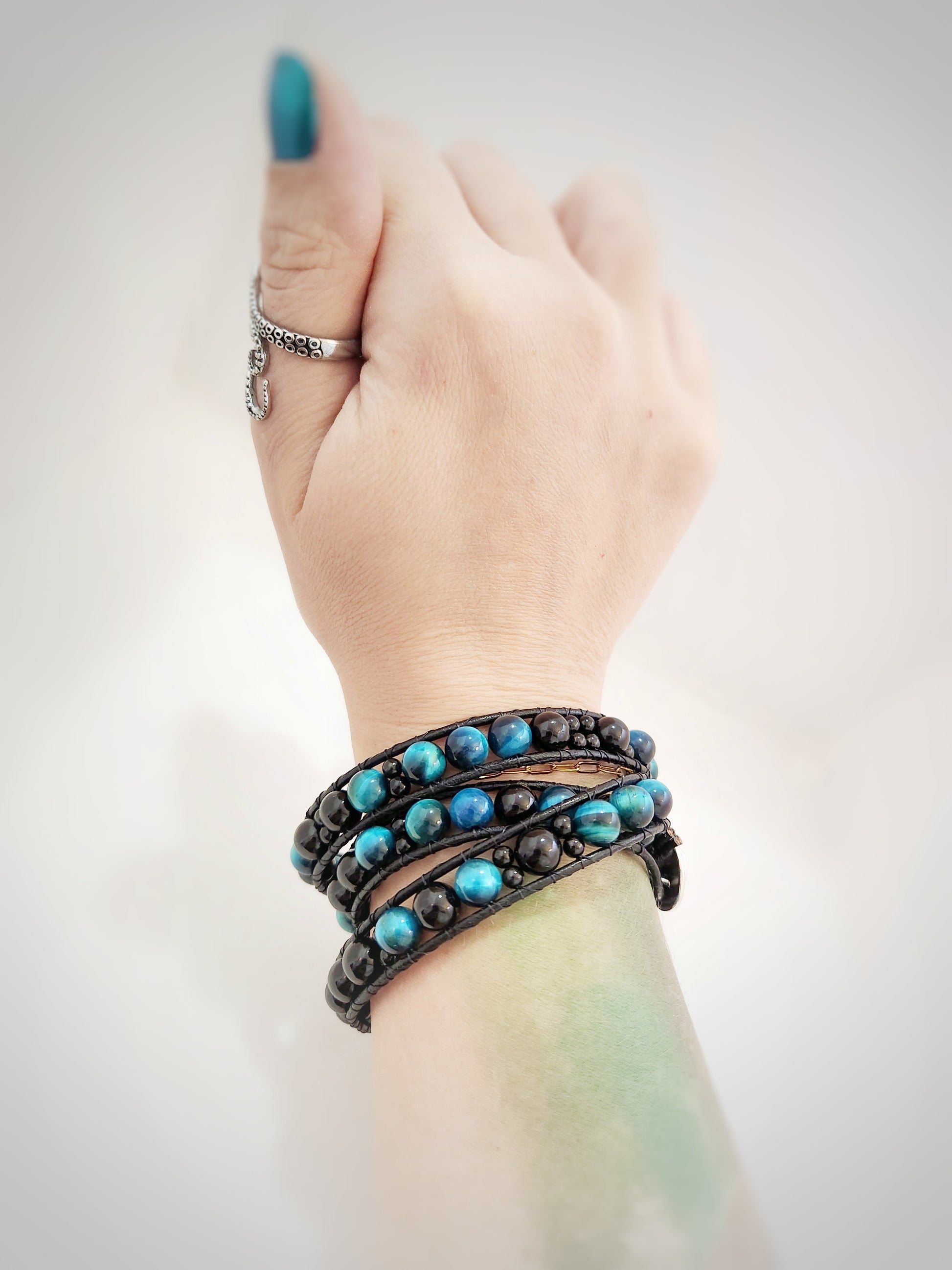 Azure Tiger's Eye & Tourmaline Leather Wrap Bracelet - Velora