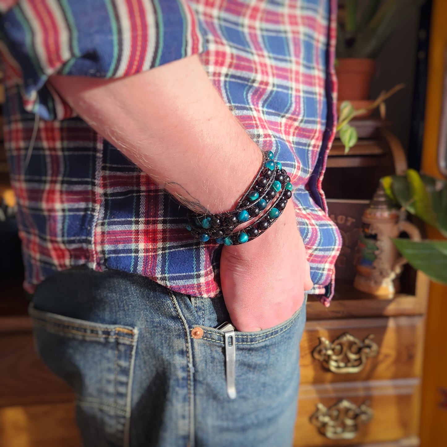 Azure Tiger's Eye & Tourmaline Leather Wrap Bracelet - Velora