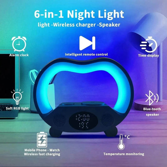 2025 New 6 In 1 Smart Remote Control Bluetooth Ambience Intelligent LED Table Lamp Multi-function Wireless Charger Night Light Bluetooth Speaker - Velora
