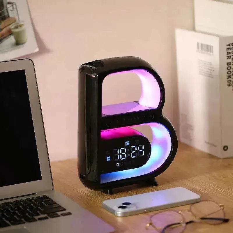 2025 New B-Shaped Portable Bluetooth Speaker Multifunctional Smart Music Rhythm LED Lighting Phone Wireless Charger TF Card AUX Input Standard Mode - Velora