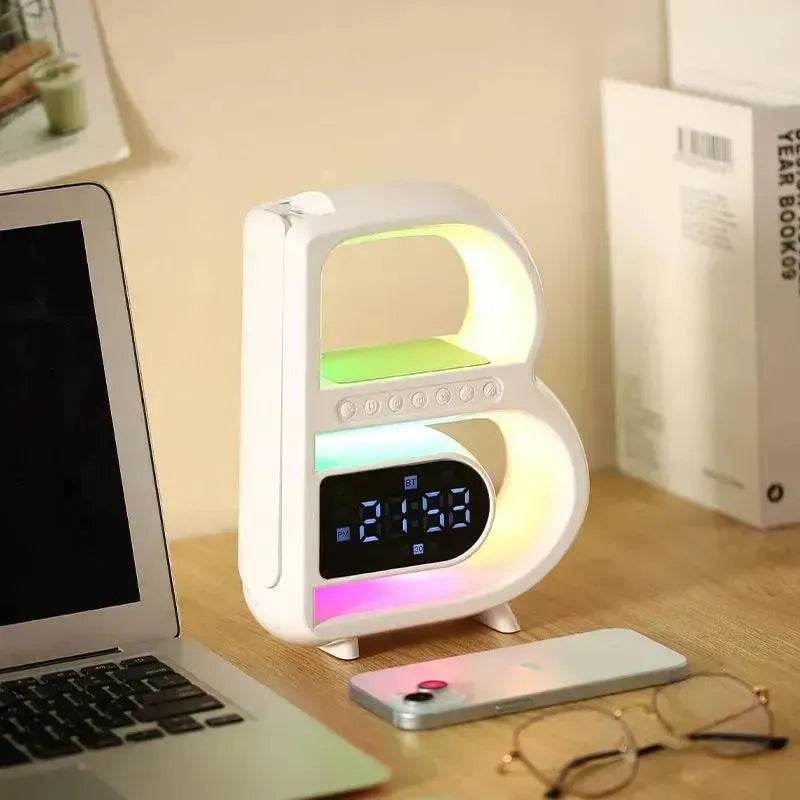 2025 New B-Shaped Portable Bluetooth Speaker Multifunctional Smart Music Rhythm LED Lighting Phone Wireless Charger TF Card AUX Input Standard Mode - Velora