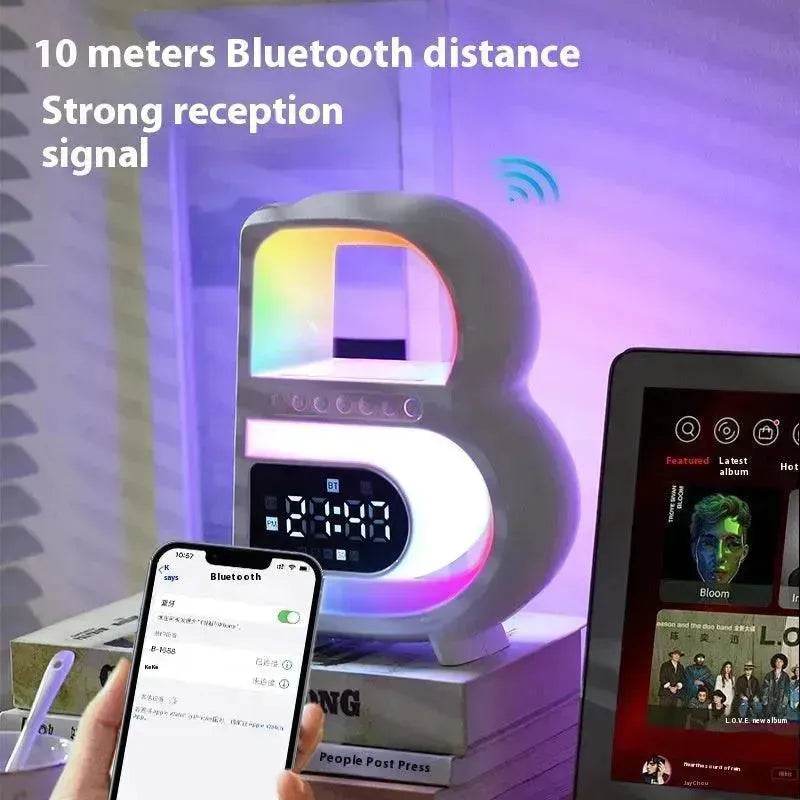 2025 New B-Shaped Portable Bluetooth Speaker Multifunctional Smart Music Rhythm LED Lighting Phone Wireless Charger TF Card AUX Input Standard Mode - Velora