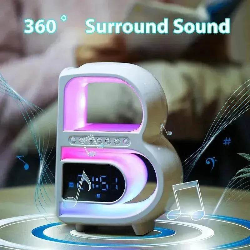 2025 New B-Shaped Portable Bluetooth Speaker Multifunctional Smart Music Rhythm LED Lighting Phone Wireless Charger TF Card AUX Input Standard Mode - Velora