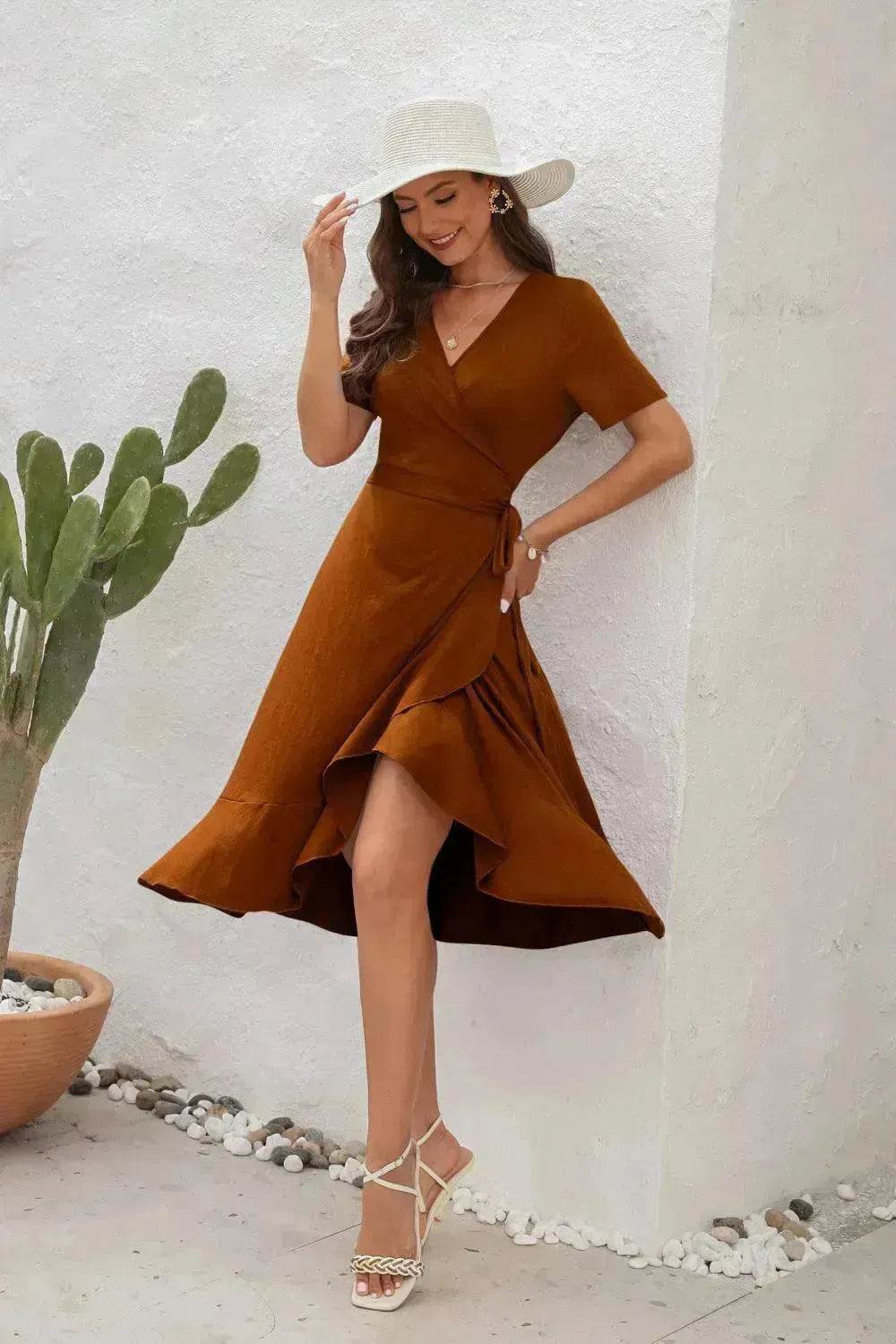 2025 Summer Solid Color Long Short Sleeve V-neck High Waist Tied Midi Dress - Velora
